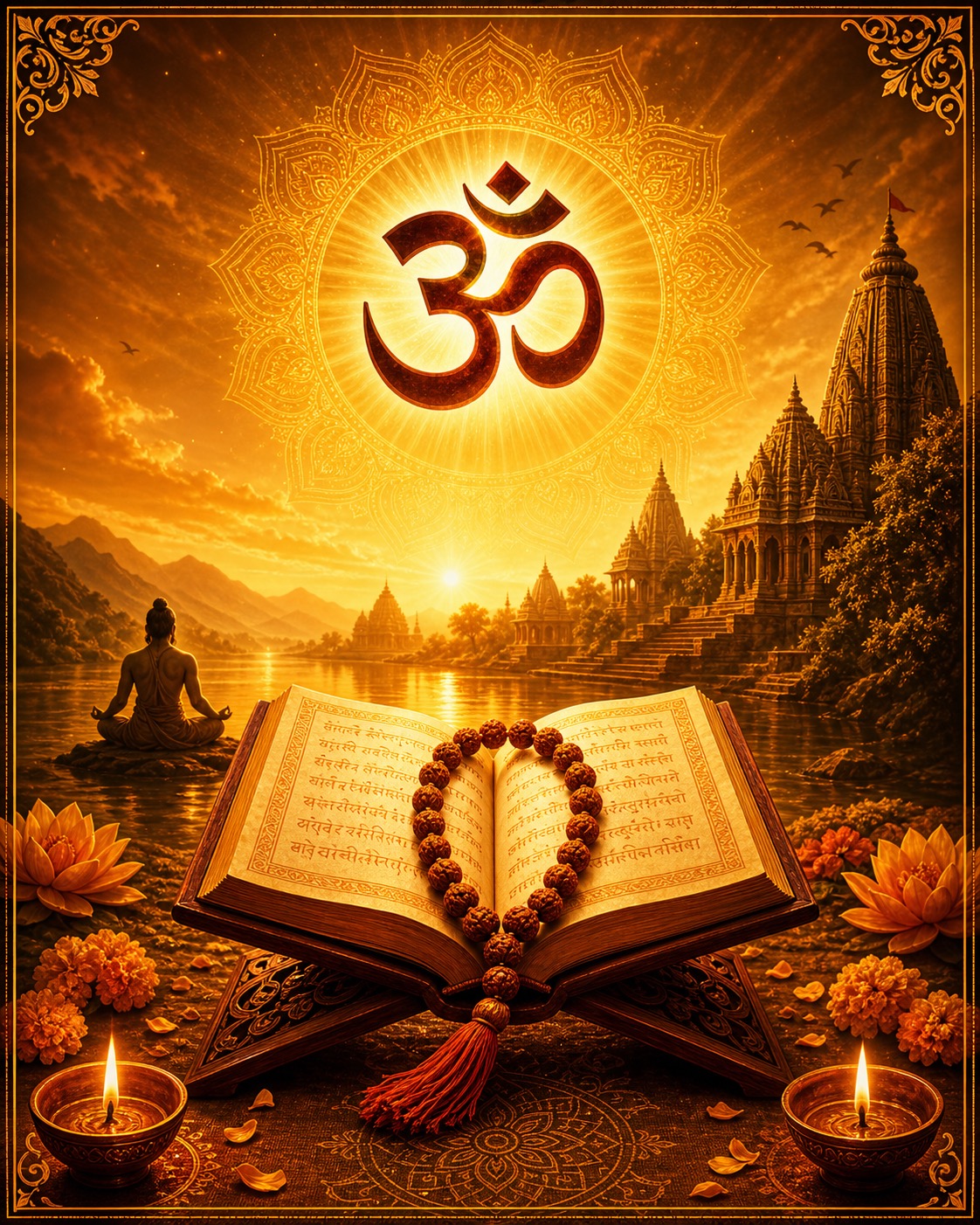 Devotional MantraSutra artwork with Om, sacred scripture, rudraksha mala, temple light, and diyas